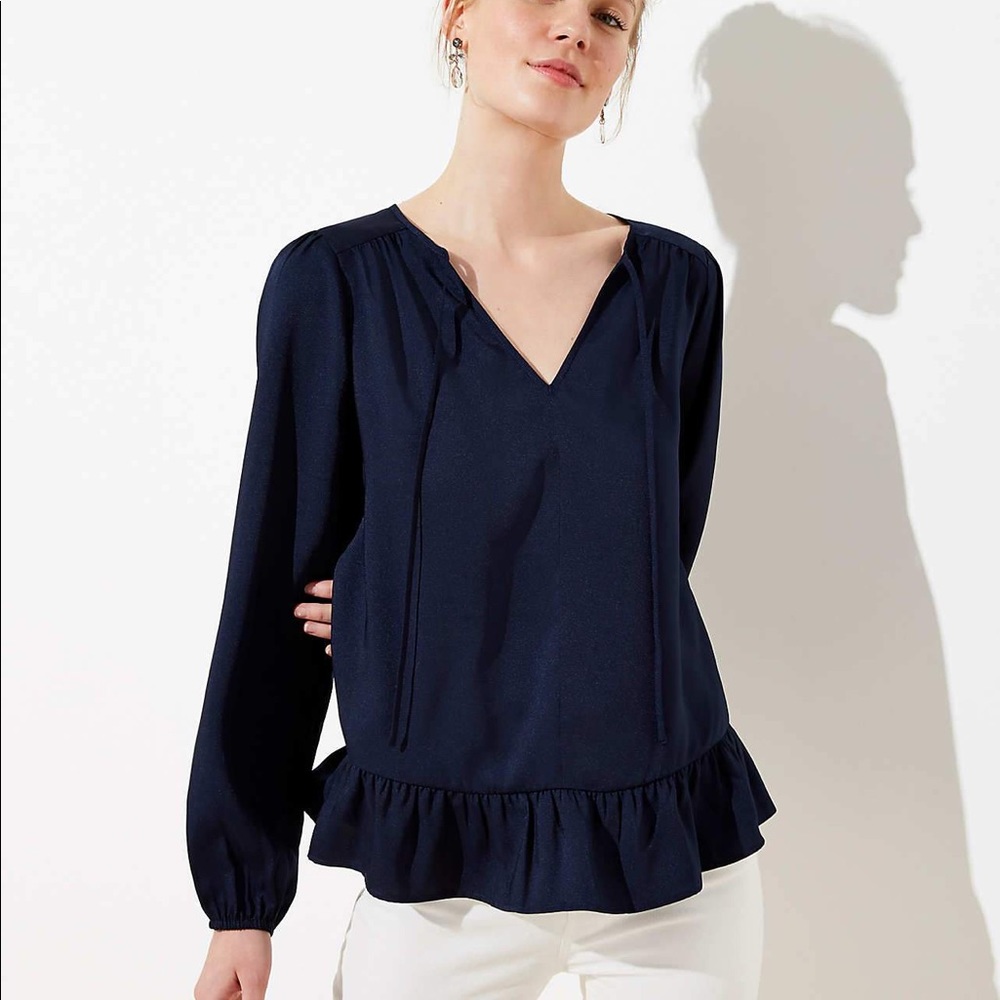 LOFT | Split Neck Ruffled Blouse in Navy